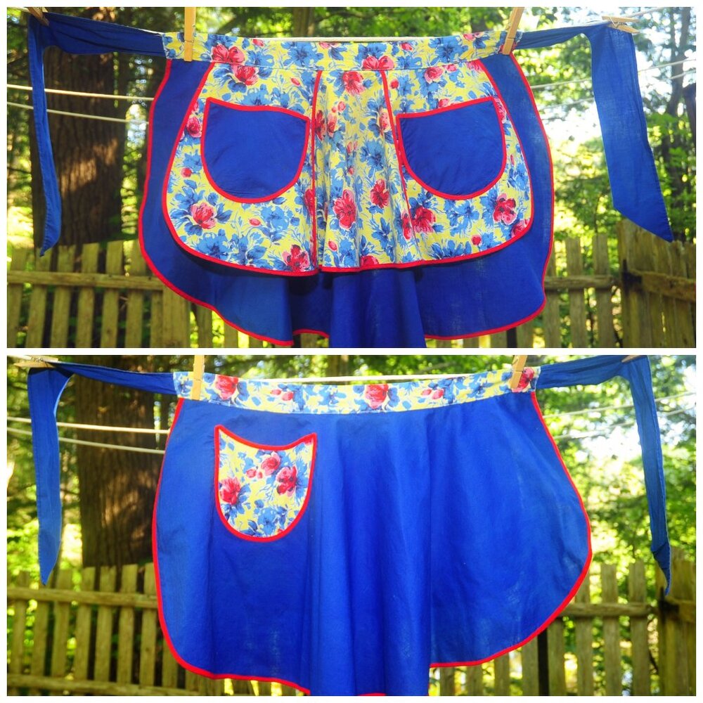 VTG 60s 70s REVERSIBLE Fancy Bright Floral Print Hostess Apron Semi-Circle Shape